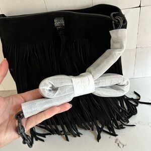 REBECCA MINKOFF DARREN BUCKED BAG WITH FRINGE BLACK SUEDE